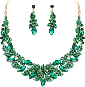 EVER FAITH Austrian Crystal Statement Bridal Jewelry Sets, Rhinestone Costume Prom Marquise Cluster Flower Leaf Necklace Dangle Earrings Set for Women