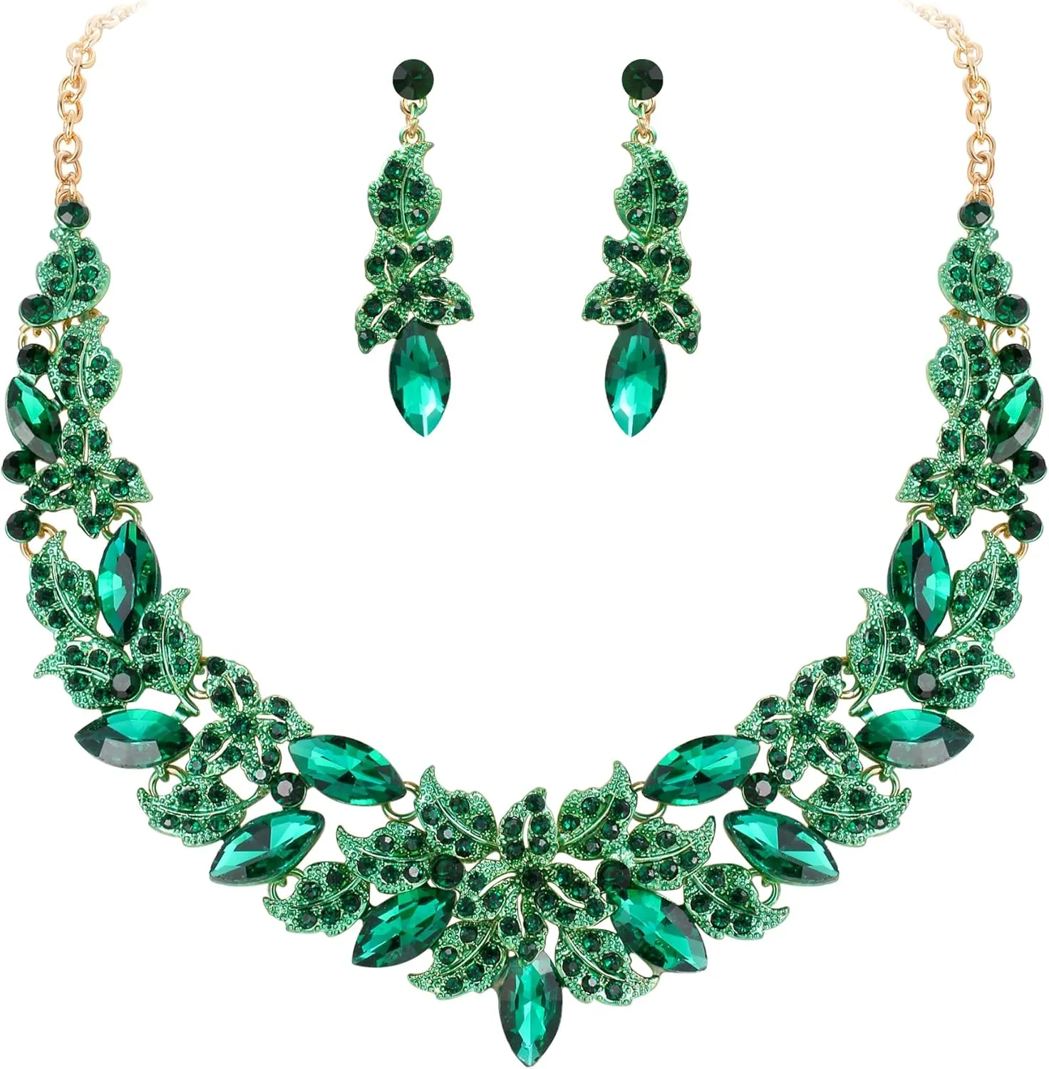EVER FAITH Austrian Crystal Statement Bridal Jewelry Sets, Rhinestone Costume Prom Marquise Cluster Flower Leaf Necklace Dangle Earrings Set for Women