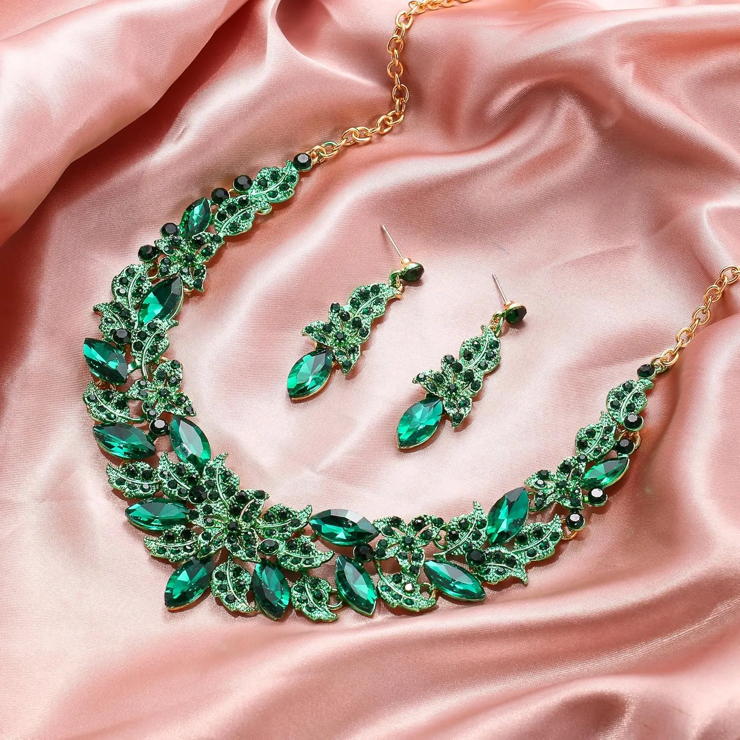 EVER FAITH Austrian Crystal Statement Bridal Jewelry Sets, Rhinestone Costume Prom Marquise Cluster Flower Leaf Necklace Dangle Earrings Set for Women