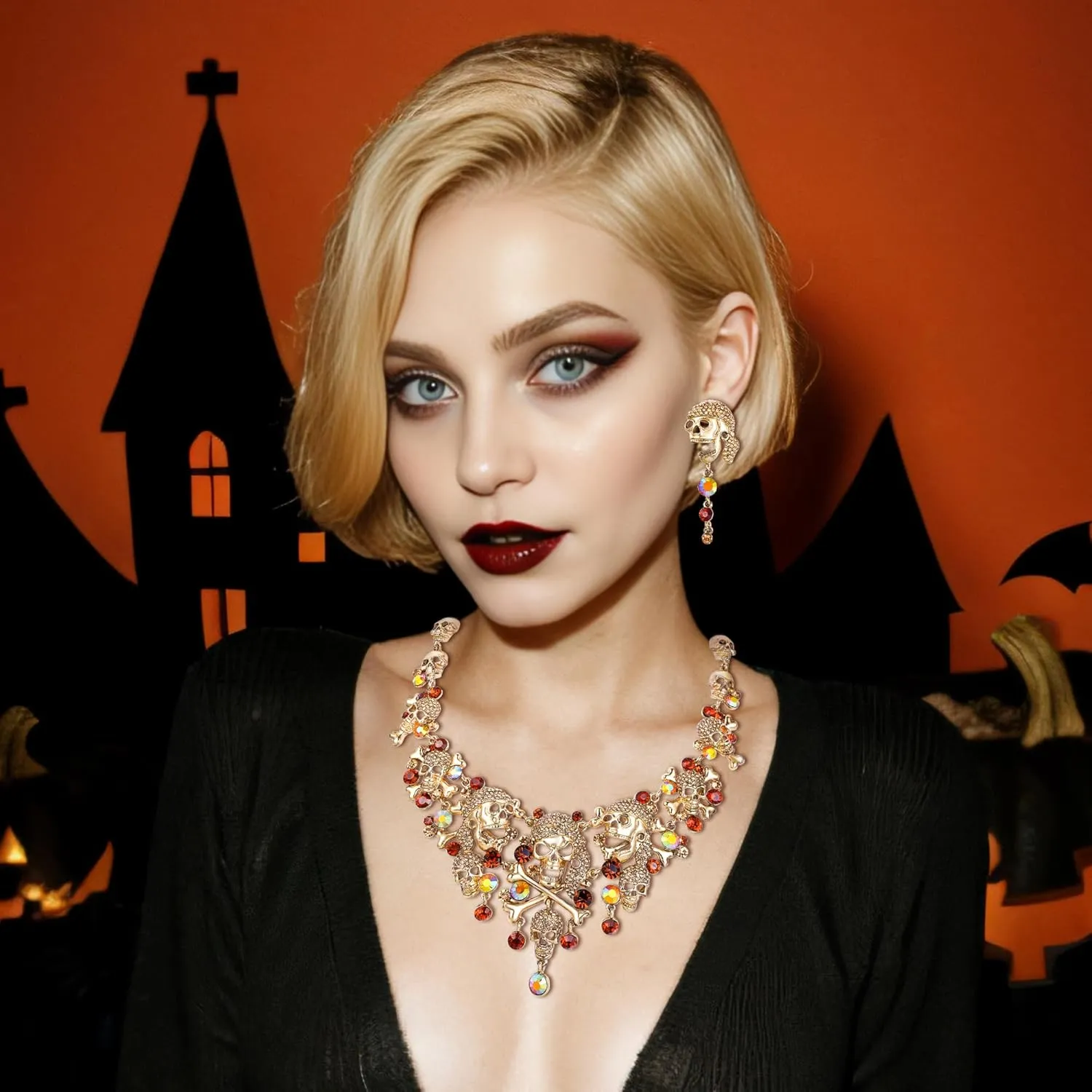 EVER FAITH Austrian Crystal Vintage Style Halloween Skull Bone Cross Necklace Earrings Set