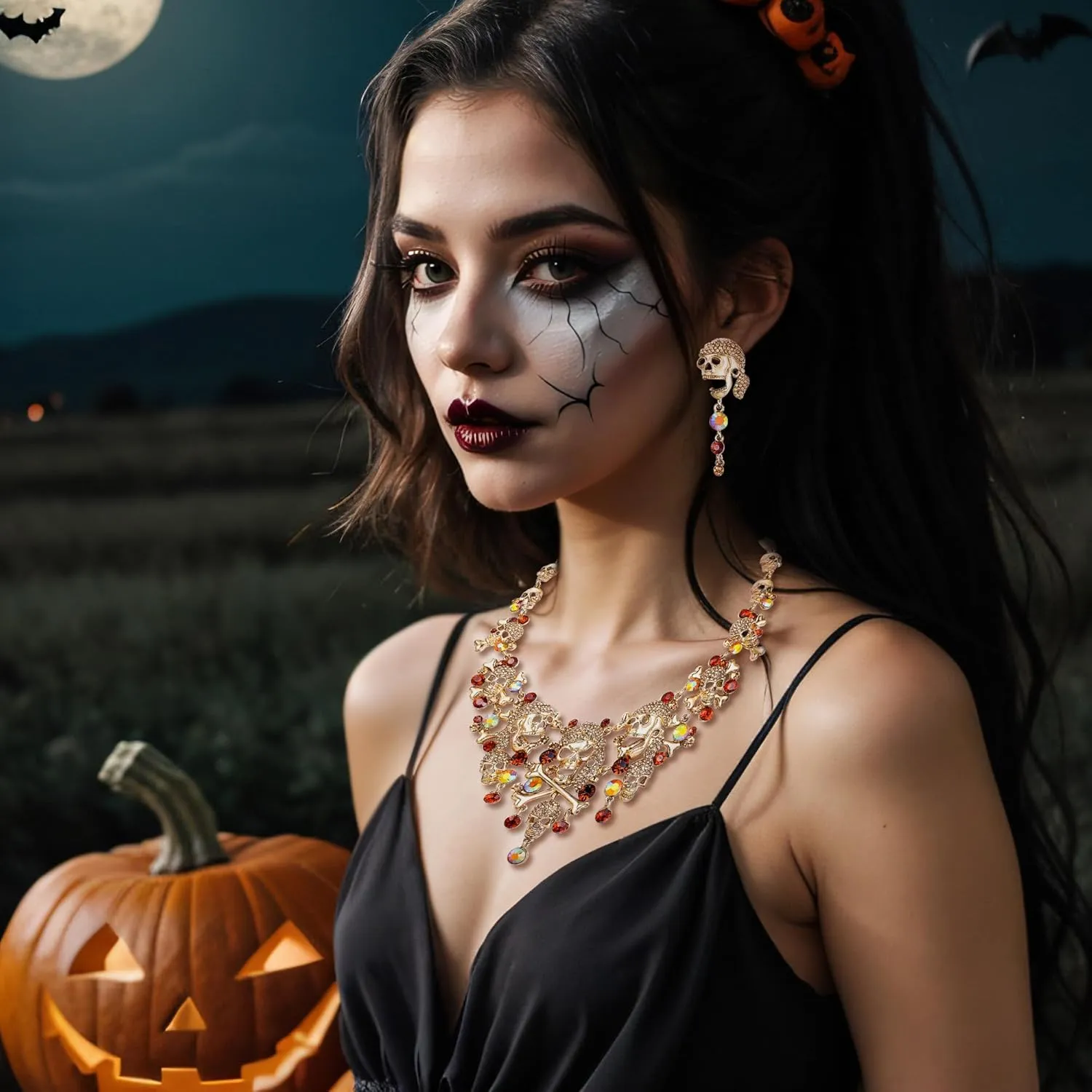 EVER FAITH Austrian Crystal Vintage Style Halloween Skull Bone Cross Necklace Earrings Set