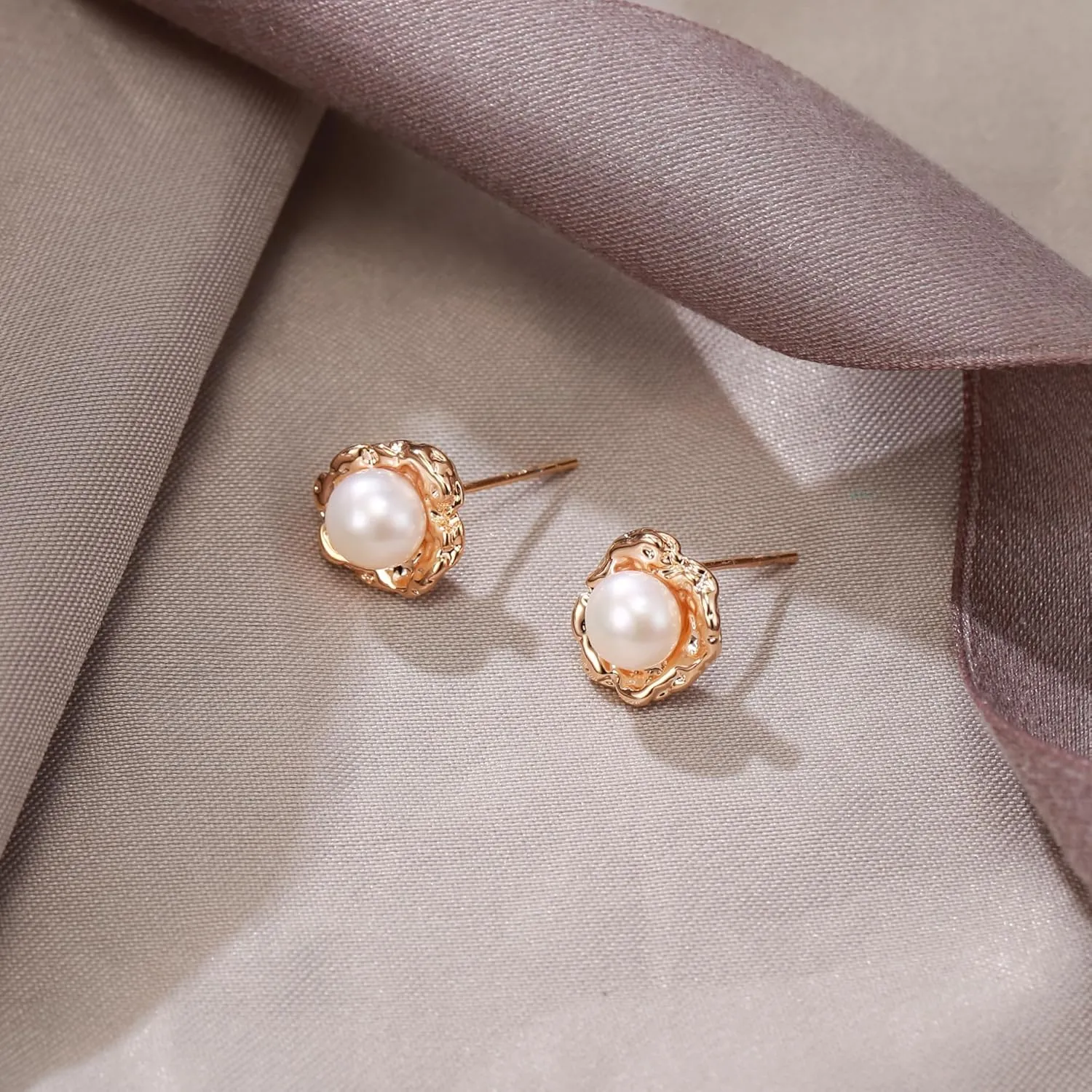 EVER FAITH Baroque Freshwater Cultured Pearl Stud Earrings, 14K Gold Plated Prom Party Hammered Texture Statement Earrings Fashion Minimalist Jewelry for Women
