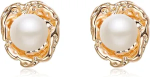 EVER FAITH Baroque Freshwater Cultured Pearl Stud Earrings, 14K Gold Plated Prom Party Hammered Texture Statement Earrings Fashion Minimalist Jewelry for Women