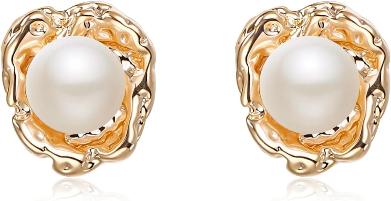 EVER FAITH Baroque Freshwater Cultured Pearl Stud Earrings, 14K Gold Plated Prom Party Hammered Texture Statement Earrings Fashion Minimalist Jewelry for Women