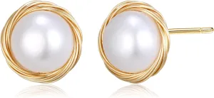EVER FAITH Baroque Freshwater Cultured Pearl Stud Earrings for Women, Vintage Wrapped Silk Handmade Earring Dainty Wedding Bridal Jewelry for Bride Prom Party