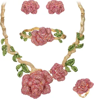 EVER FAITH Bridal Austrian Crystal Jewelry Set, Enamel Rose Flower Leaf Necklace Earrings Bracelet Ring Set for Women