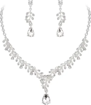 EVER FAITH Bridal Austrian Crystal Jewelry Set for Women, Cluster Vine Teardrop Necklace Drop Dangle Earrings Sets Clear Silver-Tone