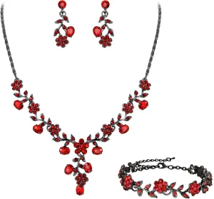 EVER FAITH Bridal Jewelry Sets for Wedding Crystal Flower Leaf Costume Pendant Necklace Earrings Bracelet Set for Women