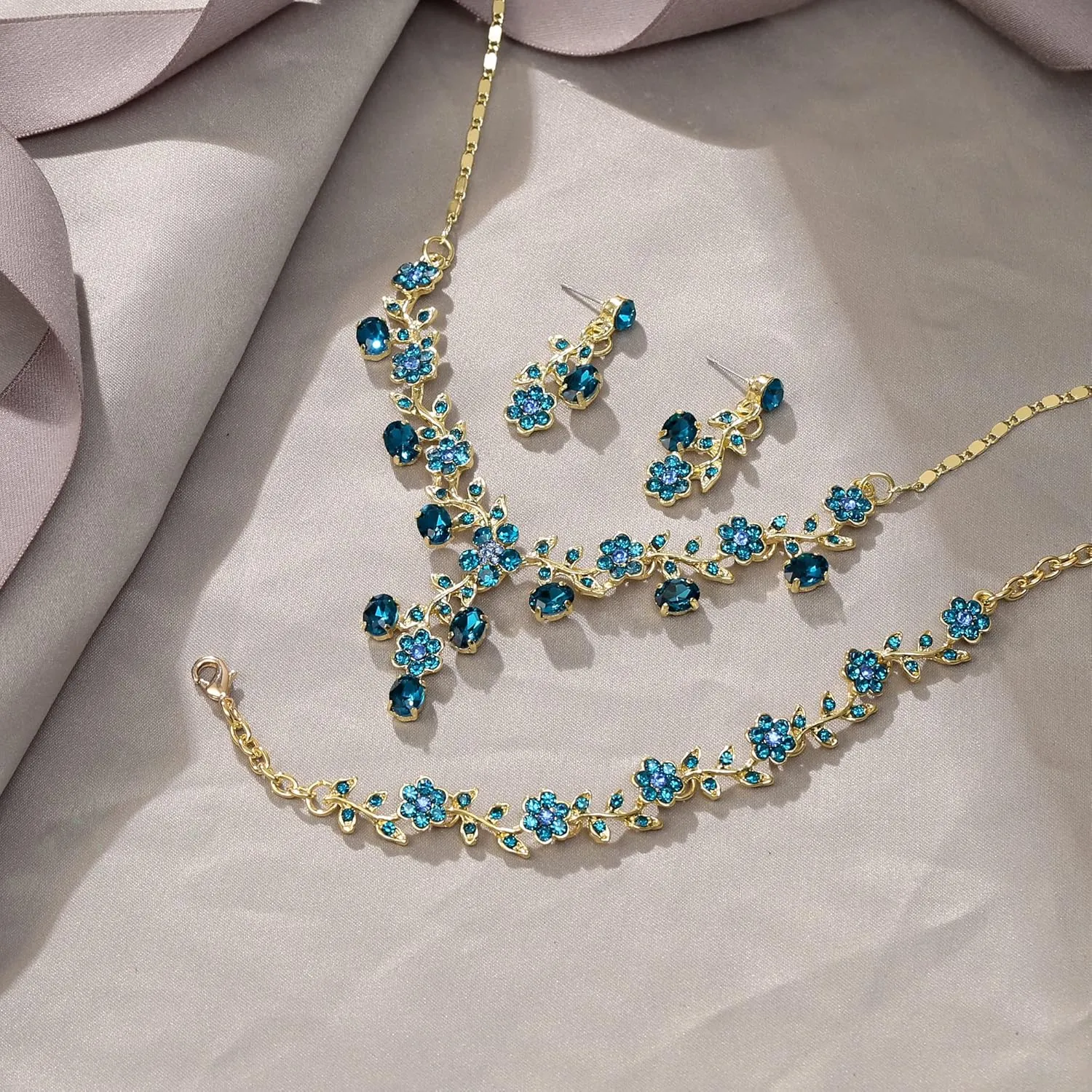 EVER FAITH Bridal Jewelry Sets for Wedding Crystal Flower Leaf Costume Pendant Necklace Earrings Bracelet Set for Women