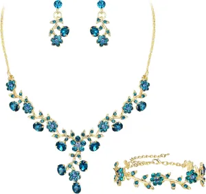 EVER FAITH Bridal Jewelry Sets for Wedding Crystal Flower Leaf Costume Pendant Necklace Earrings Bracelet Set for Women