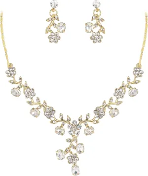 EVER FAITH Bridal Jewelry Sets for Wedding Rhinestone Crystal Flower Leaf Costume Pendant Necklace Earrings Set for Women
