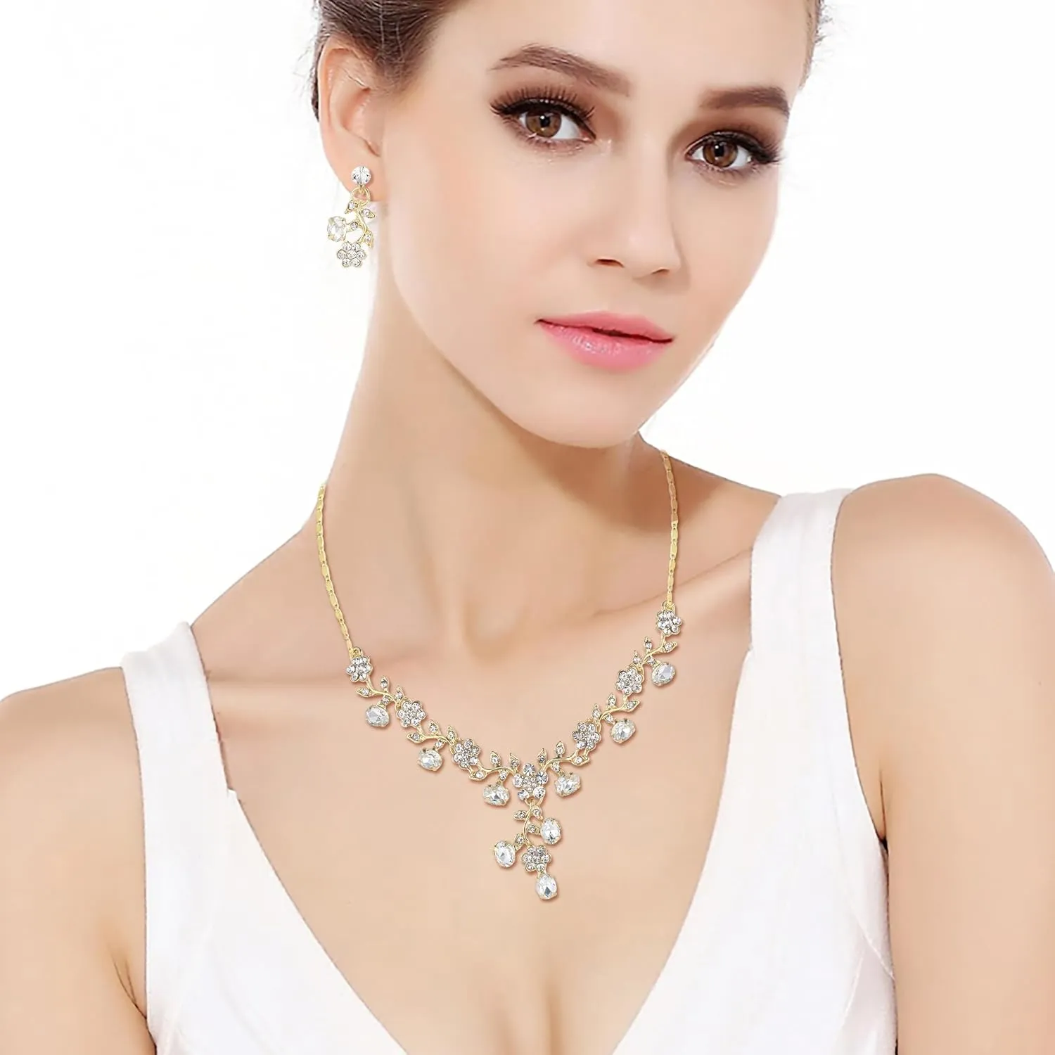 EVER FAITH Bridal Jewelry Sets for Wedding Rhinestone Crystal Flower Leaf Costume Pendant Necklace Earrings Set for Women