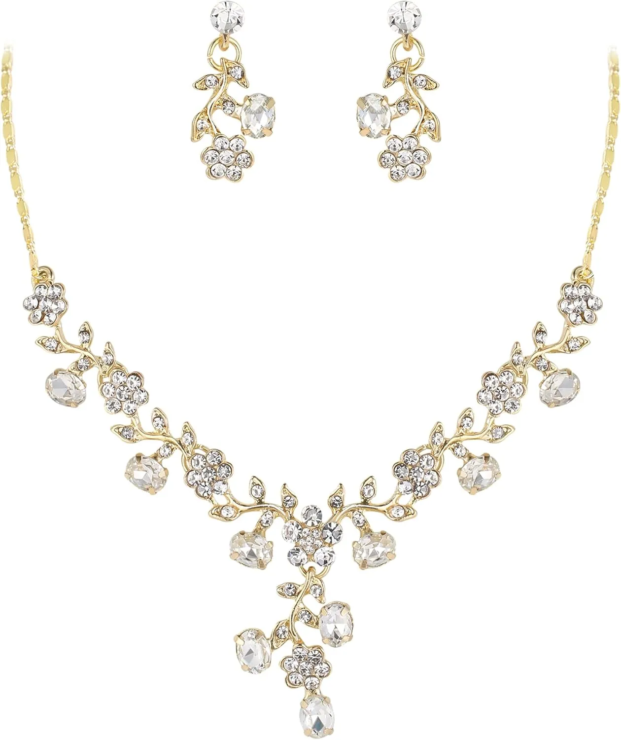 EVER FAITH Bridal Jewelry Sets for Wedding Rhinestone Crystal Flower Leaf Costume Pendant Necklace Earrings Set for Women