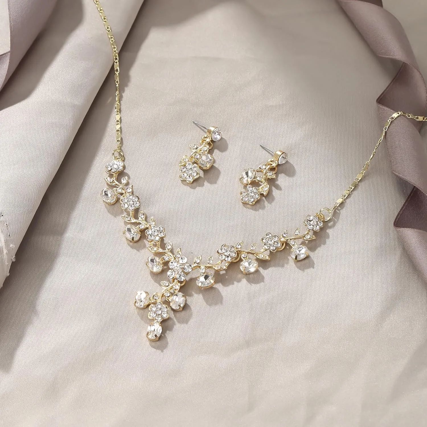 EVER FAITH Bridal Jewelry Sets for Wedding Rhinestone Crystal Flower Leaf Costume Pendant Necklace Earrings Set for Women