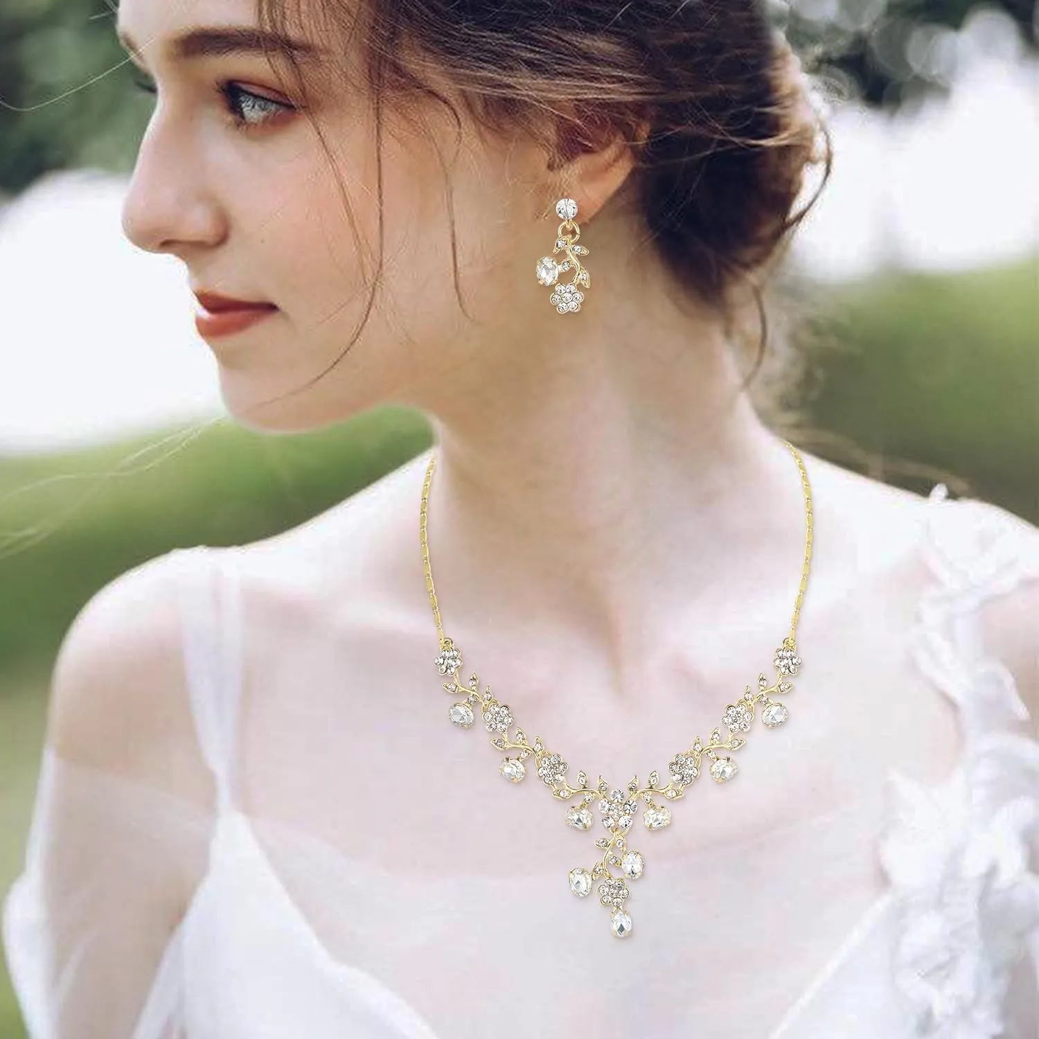 EVER FAITH Bridal Jewelry Sets for Wedding Rhinestone Crystal Flower Leaf Costume Pendant Necklace Earrings Set for Women