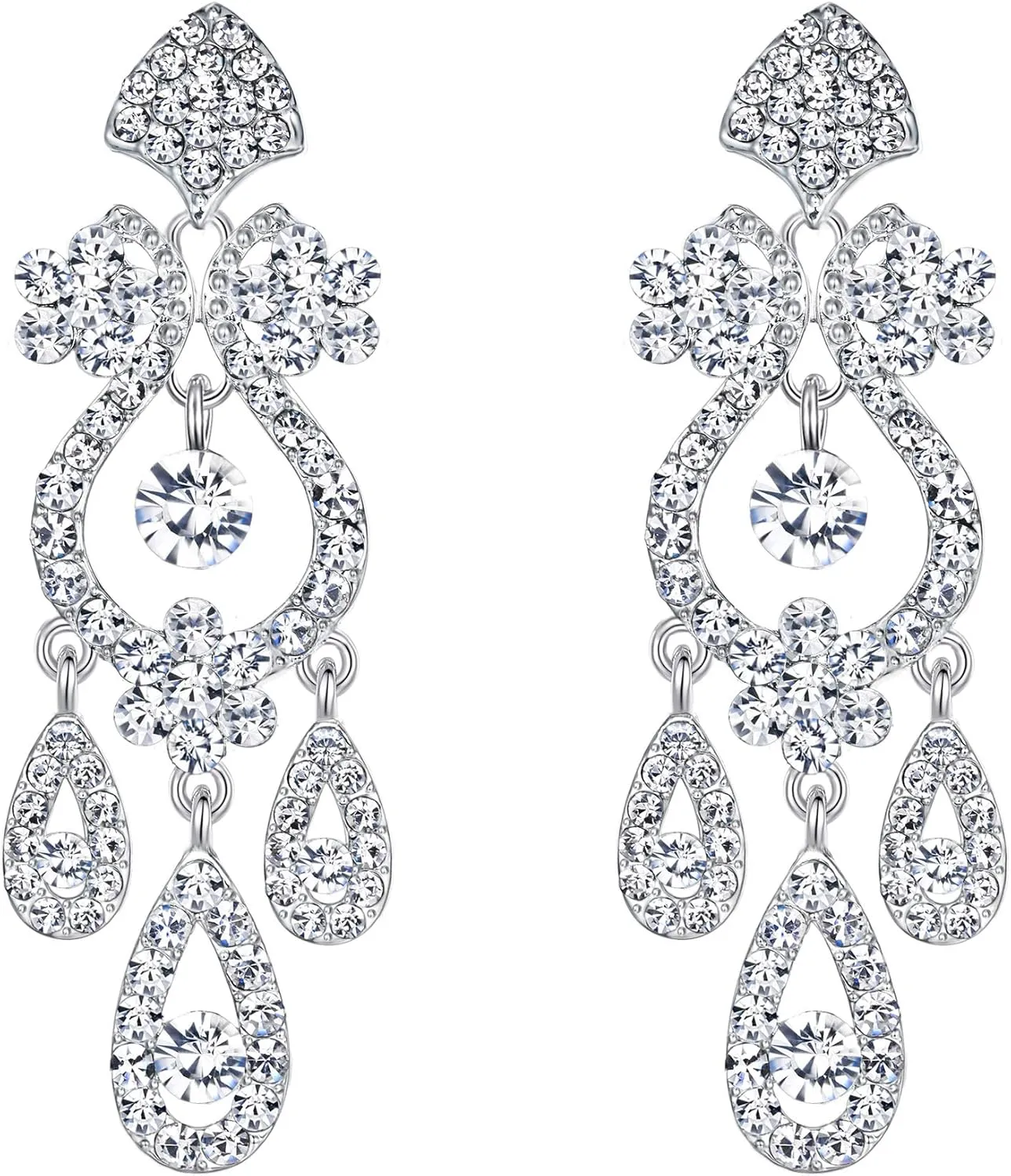 EVER FAITH Bride Clip-on Earrings Rhinestone Crystal Bridal Jewelry Flower Vase Chandelier Drop Dangle Earring White Silver-Tone