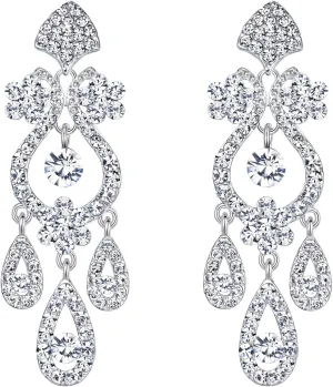 EVER FAITH Bride Clip-on Earrings Rhinestone Crystal Bridal Jewelry Flower Vase Chandelier Drop Dangle Earring White Silver-Tone