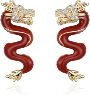 EVER FAITH Chinese Style Loong Stud Earrings Gorgeous White Cubic Zirconia Red Enamel Vintage Punk Dragon Head Earring Fashion Jewelry for Women