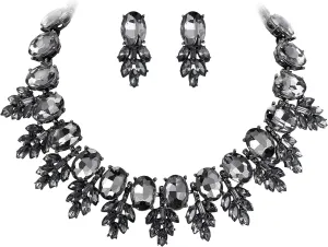 EVER FAITH Costume Crystal Marquise Statement Jewelry Set, Vintage Oval Rhinestone Choker Pendant Necklace Earrings Set for Women