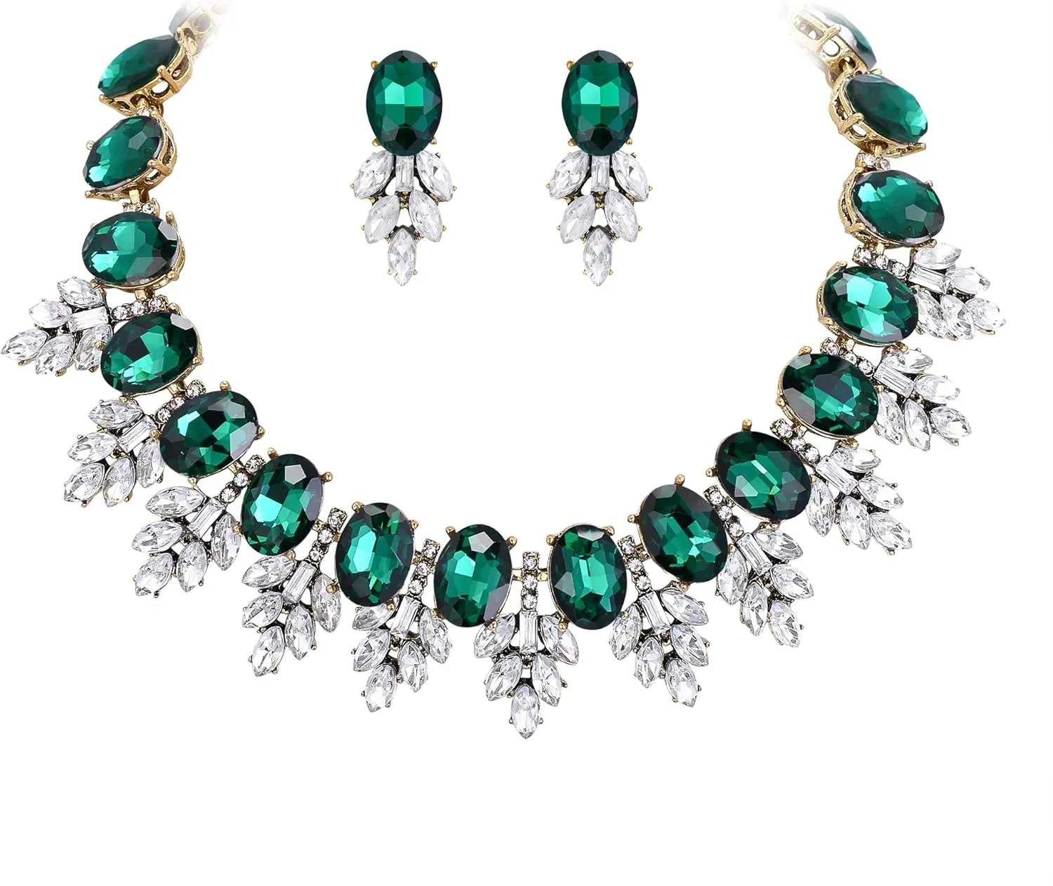 EVER FAITH Costume Crystal Marquise Statement Jewelry Set, Vintage Oval Rhinestone Choker Pendant Necklace Earrings Set for Women