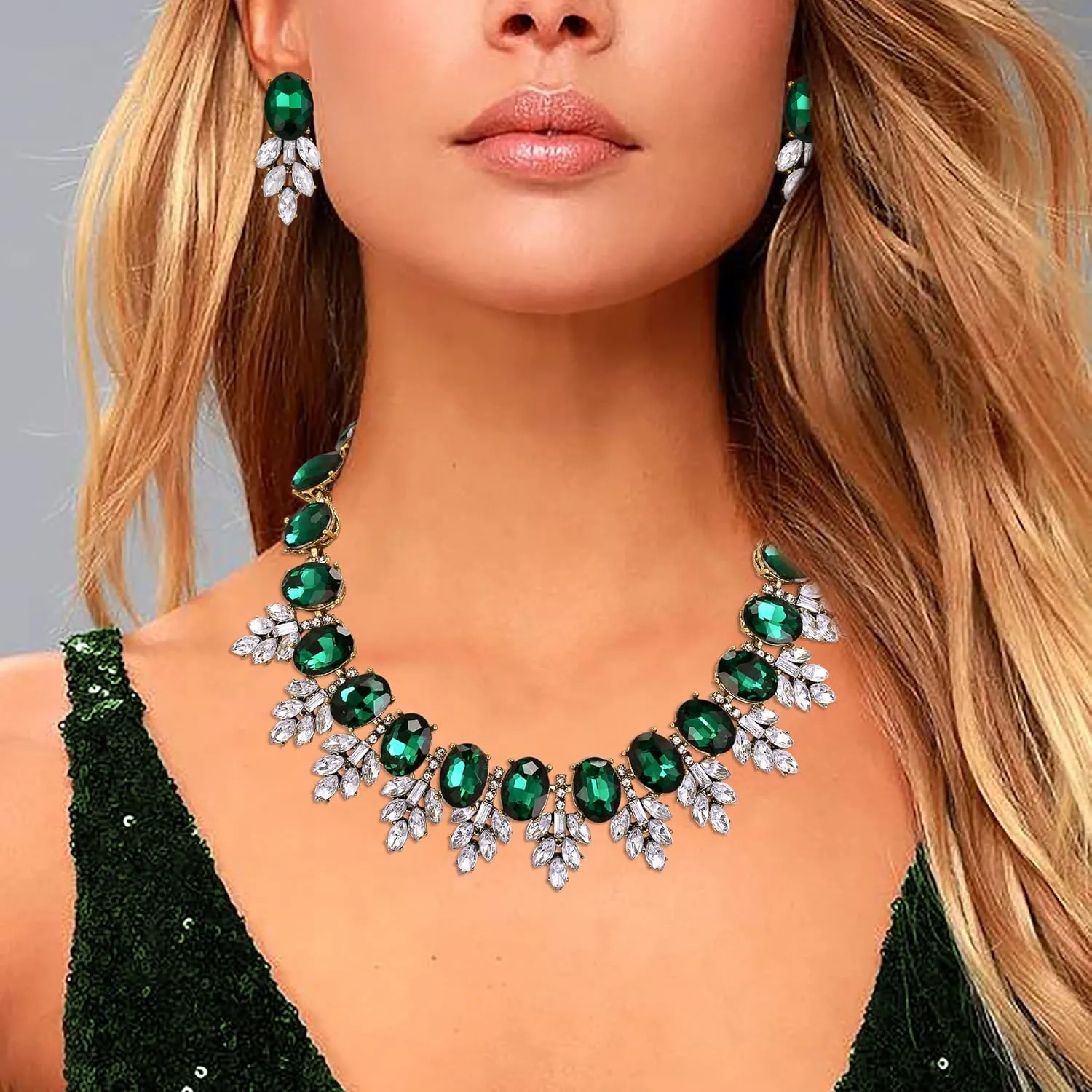 EVER FAITH Costume Crystal Marquise Statement Jewelry Set, Vintage Oval Rhinestone Choker Pendant Necklace Earrings Set for Women