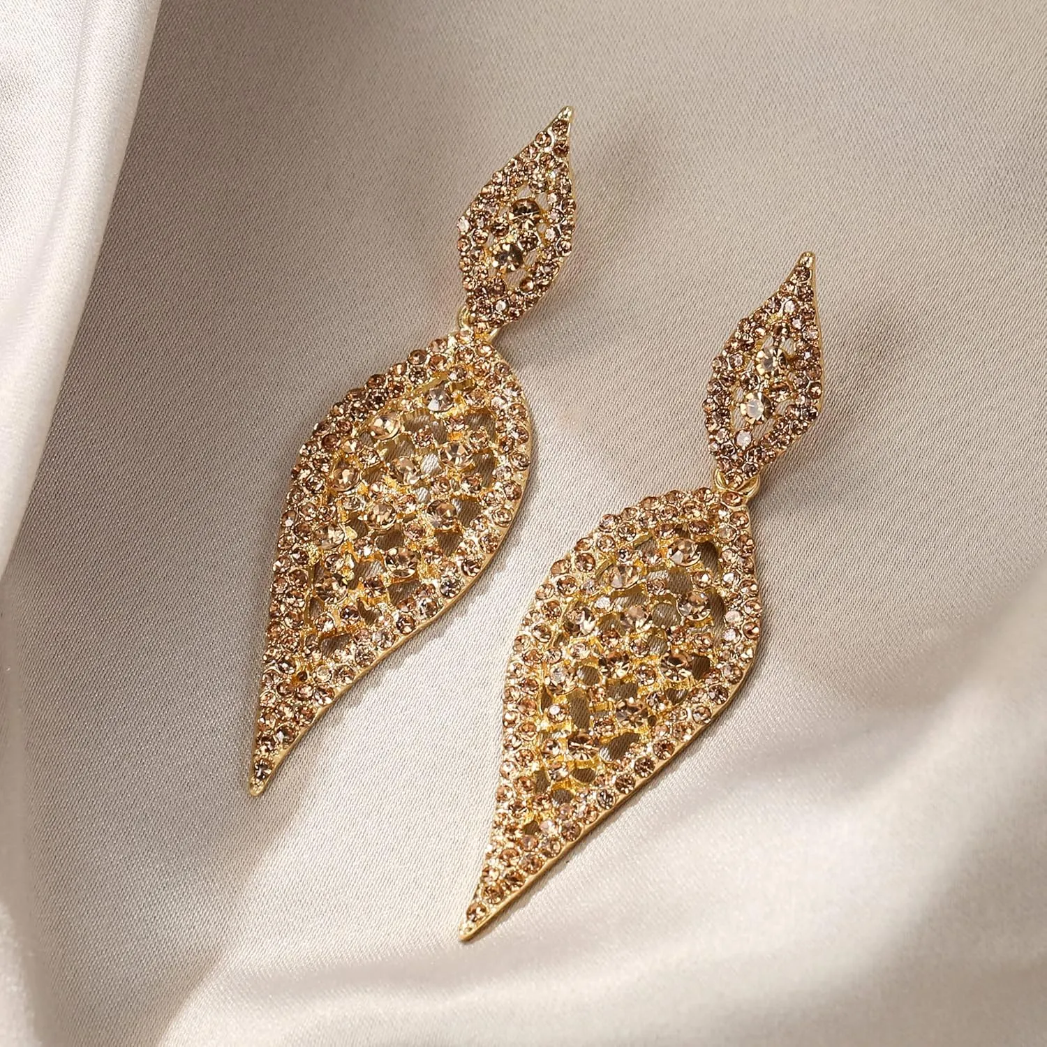 EVER FAITH Costume Party Jewelry 2 Leaf Round Crystal Hollow-out Pierced Chandelier Dangle Earrings for Women