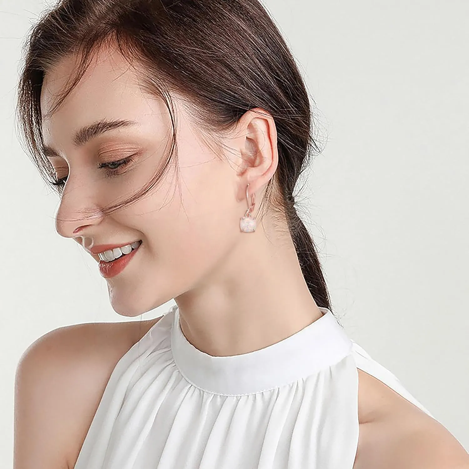 EVER FAITH Dainty Created Opal Earrings for Women, Glamour Halo Round October Birthstone Dangle Leverback Earring