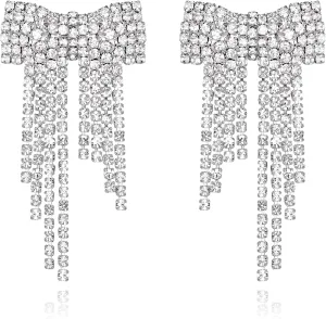 EVER FAITH Fashion Crystal Party Bow Tassel Earrings for Women, Rhinestone Bnowknot Fringe Dangle Earring for Holiday Prom Jewelry Gifts Clear Silver-Tone