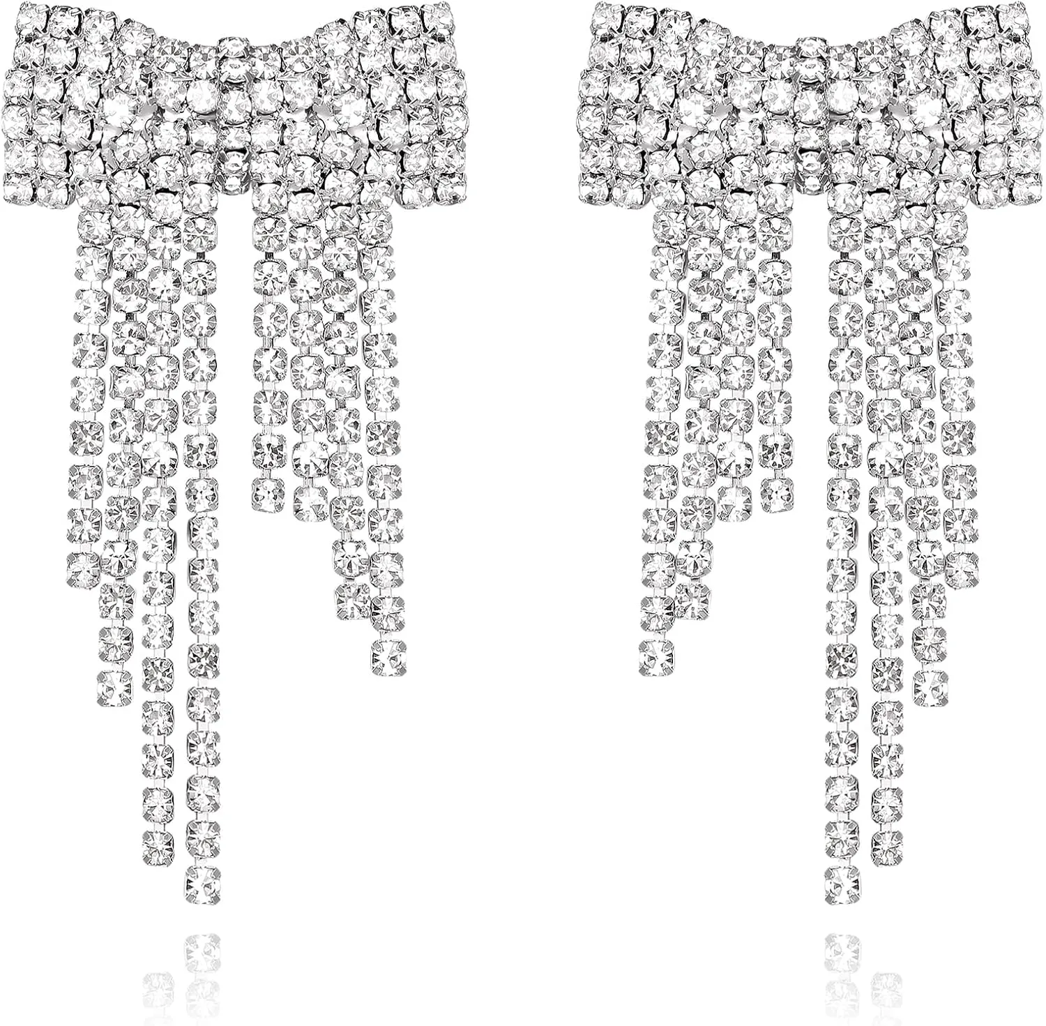 EVER FAITH Fashion Crystal Party Bow Tassel Earrings for Women, Rhinestone Bnowknot Fringe Dangle Earring for Holiday Prom Jewelry Gifts Clear Silver-Tone