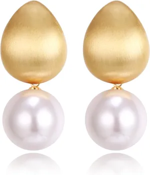 EVER FAITH Fashion Round Disc Faux Pearl Dangle Earrings, Gold and Silver Circle Coin Geometric Flat Hammered Drop Pierced Earring Hypoallergenic Jewelry Gifts for Women