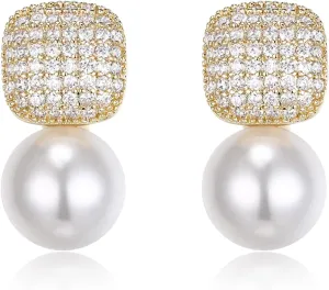 EVER FAITH Faux Pearl Stud Earrings, Elegant White Cubic Zirconia Cushion Shaped Statement Pierced Earrings Wedding Bridal Jewelry for Women Bride