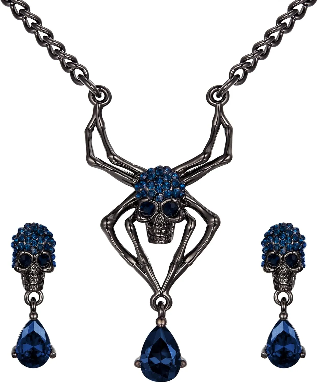 EVER FAITH Halloween Jewelry Set Vintage Gothic Spider Skull Round Crystal Pendant Necklace Drop Earrings Sets for Women