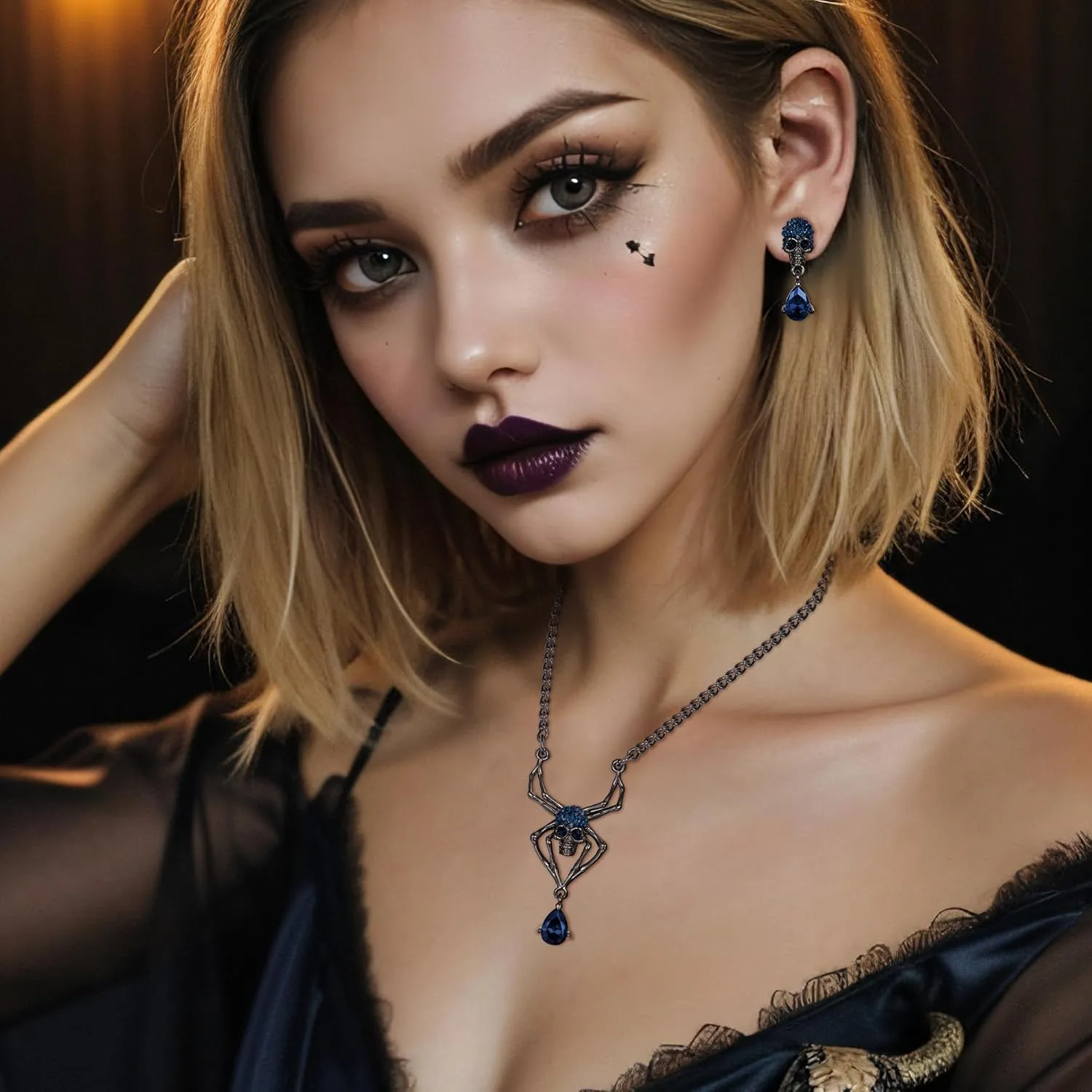 EVER FAITH Halloween Jewelry Set Vintage Gothic Spider Skull Round Crystal Pendant Necklace Drop Earrings Sets for Women