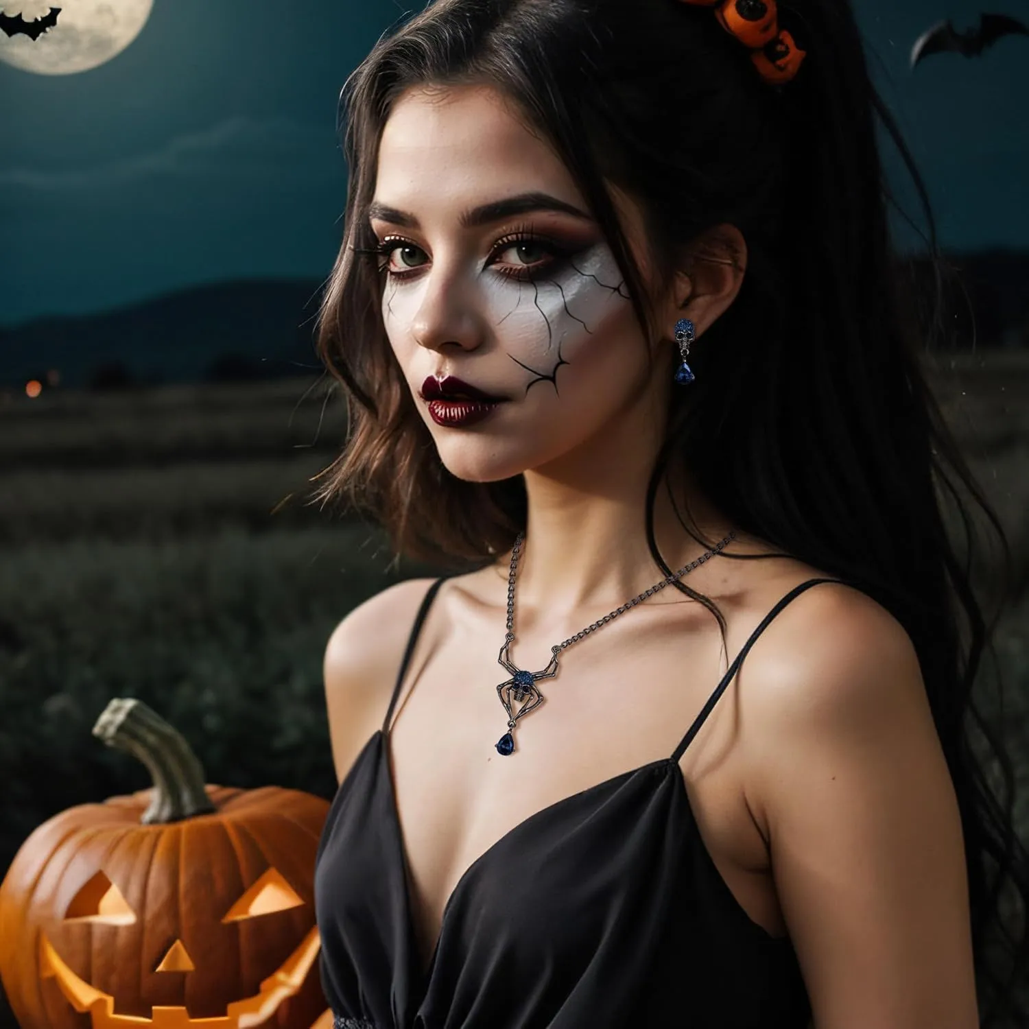 EVER FAITH Halloween Jewelry Set Vintage Gothic Spider Skull Round Crystal Pendant Necklace Drop Earrings Sets for Women