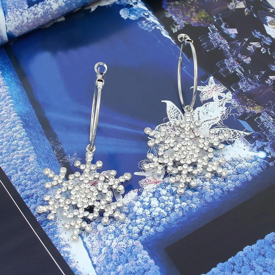 EVER FAITH Merry Christmas Gift Jewelry Crystal Winter Snowflake Hoop Dangle Earrings