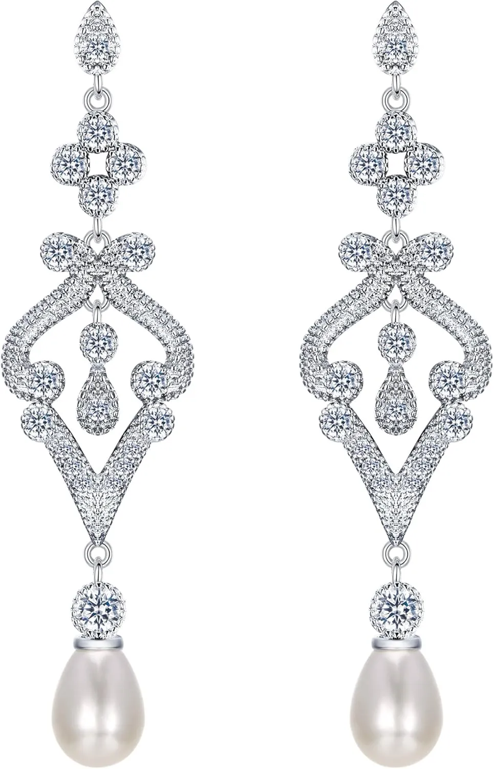 EVER FAITH Pave CZ Cream Simulated Pearl Vintage Style Chandelier Bridal Prom Dangle Earrings Clear Silver-Tone