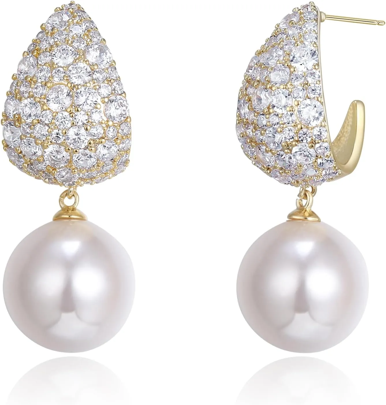 EVER FAITH Round Faux Pearl Dangle Earrings, Elegant White Cubic Zirconia Pierced Earrings Wedding Bridal Jewelry for Women Bride