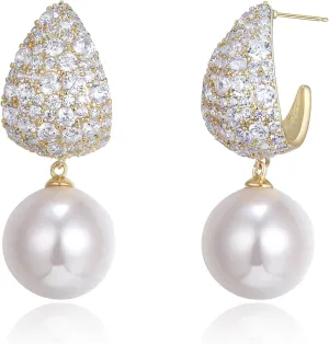 EVER FAITH Round Faux Pearl Dangle Earrings, Elegant White Cubic Zirconia Pierced Earrings Wedding Bridal Jewelry for Women Bride
