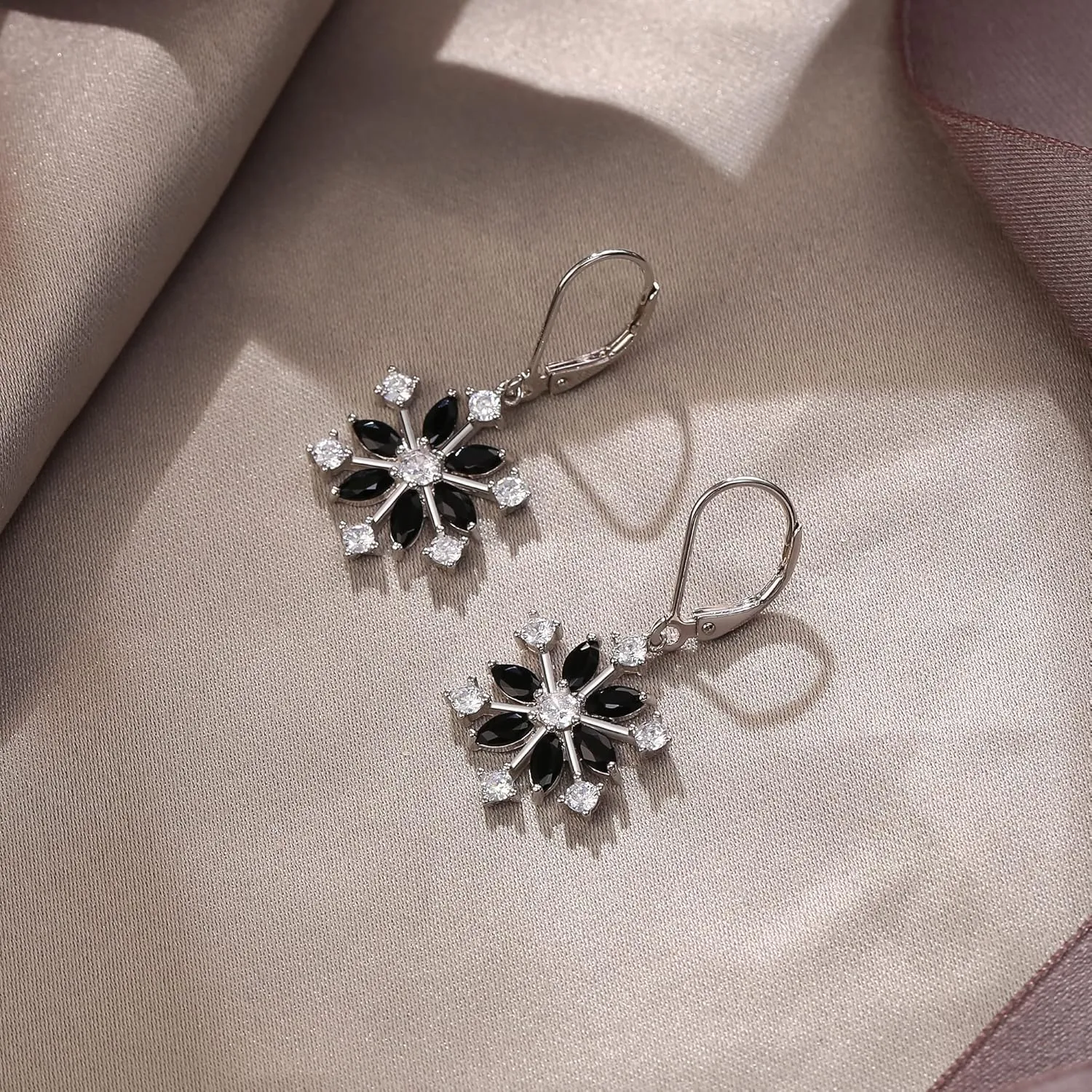EVER FAITH Snowflake Jewerly Sterling Silver Winter Accessory Sparkle Cubic Zirconia Flower Leverback Earrings for Womens