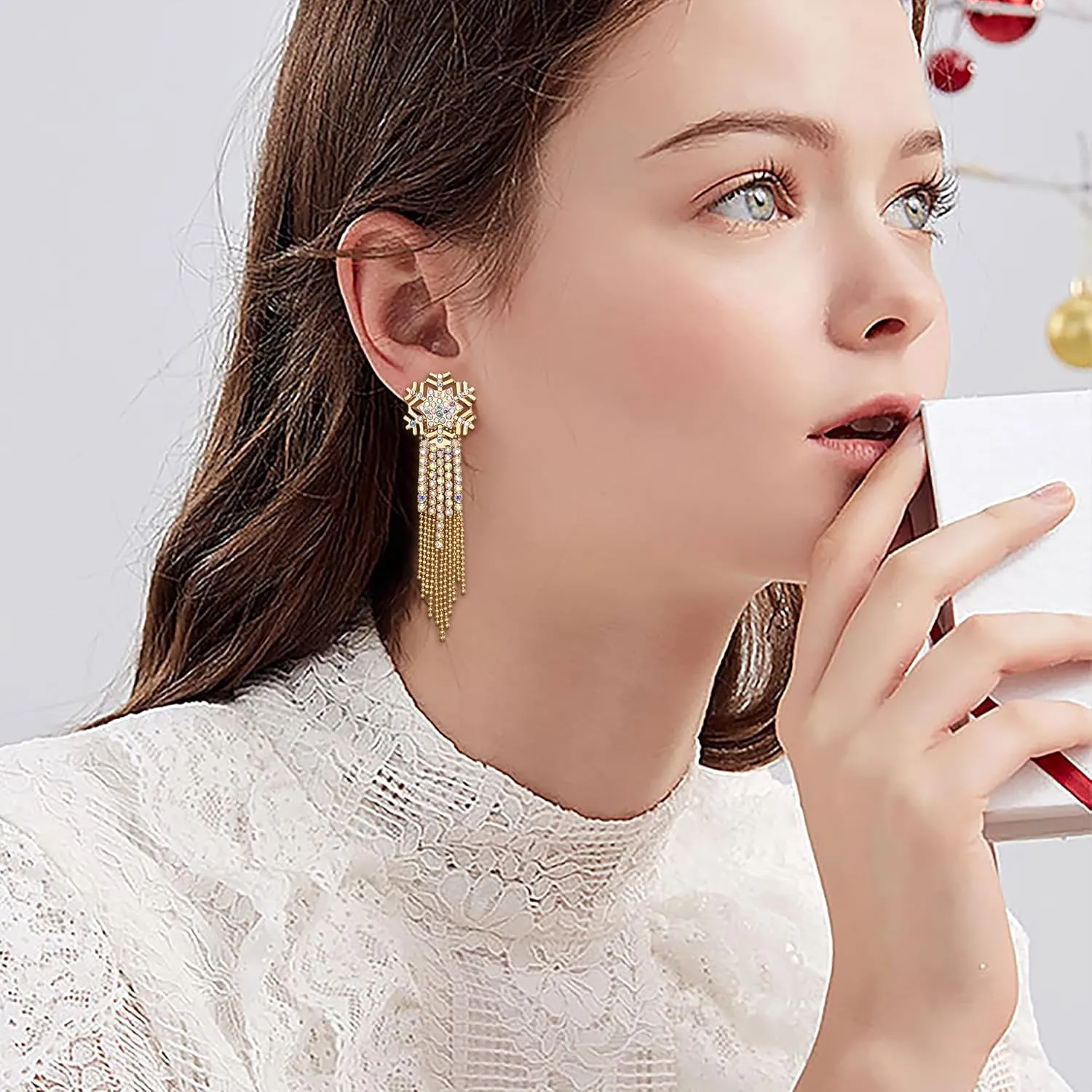 EVER FAITH Snowflake Tassel Earrings for Women, Rhinestone Crystal Long Waterfall Beaded Fringe Chandelier Dangle Statement Earring Christmas Holiday Party Jewelry