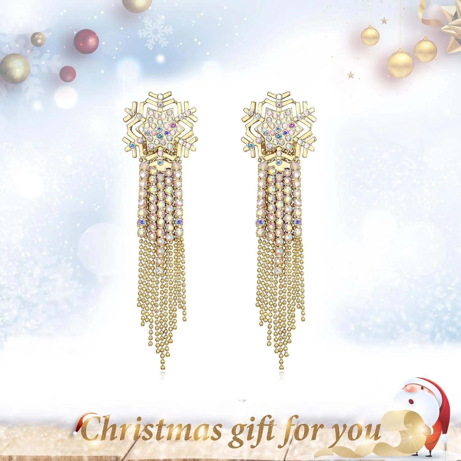 EVER FAITH Snowflake Tassel Earrings for Women, Rhinestone Crystal Long Waterfall Beaded Fringe Chandelier Dangle Statement Earring Christmas Holiday Party Jewelry