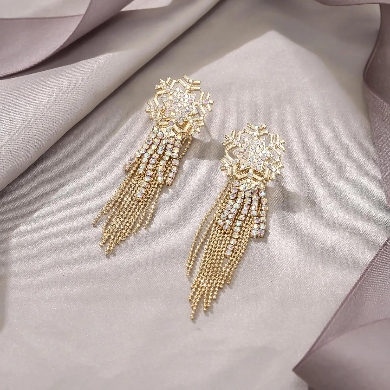EVER FAITH Snowflake Tassel Earrings for Women, Rhinestone Crystal Long Waterfall Beaded Fringe Chandelier Dangle Statement Earring Christmas Holiday Party Jewelry