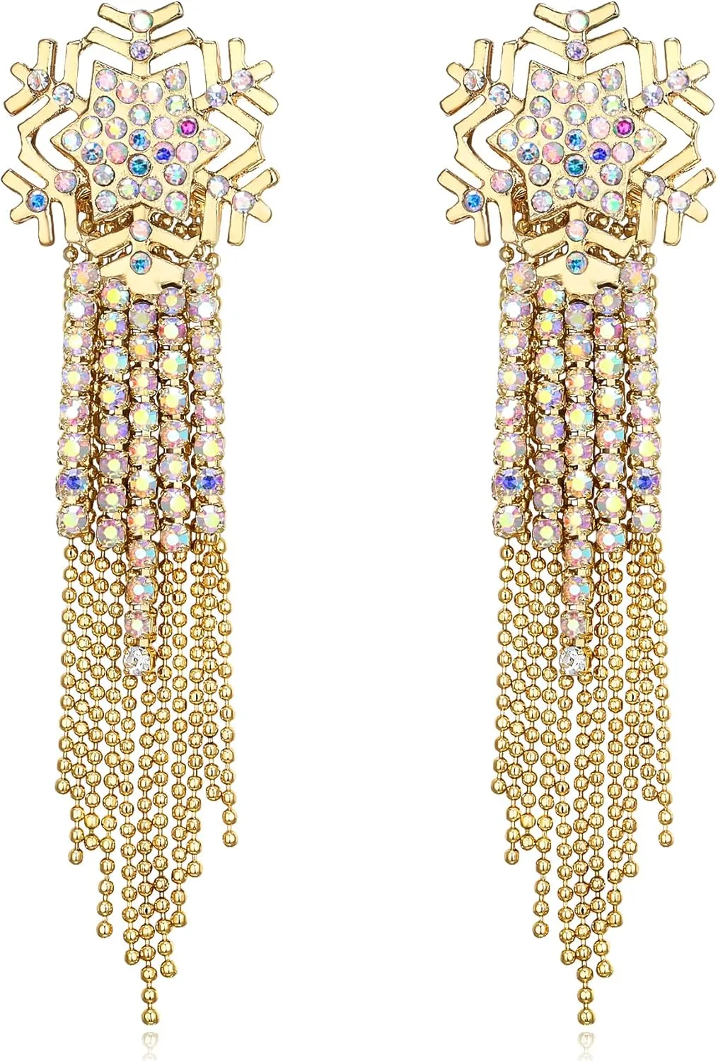 EVER FAITH Snowflake Tassel Earrings for Women, Rhinestone Crystal Long Waterfall Beaded Fringe Chandelier Dangle Statement Earring Christmas Holiday Party Jewelry