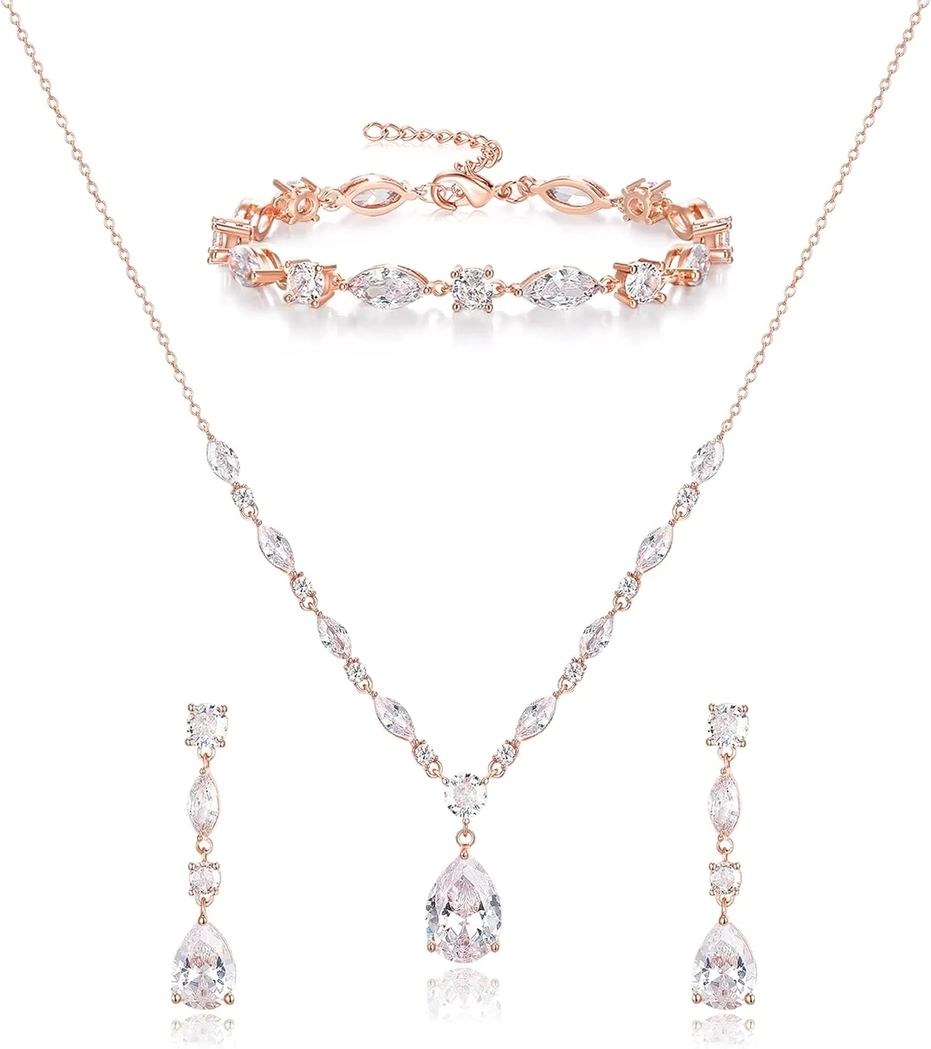 EVER FAITH Teardrop Cubic Zirconia Bridal Jewelry Sets for Bride, Sparkly CZ Elegant Pendant Necklace Dangle Earrings Bracelet Set for Women
