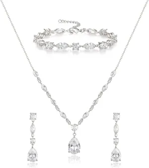 EVER FAITH Teardrop Cubic Zirconia Bridal Jewelry Sets for Bride, Sparkly CZ Elegant Pendant Necklace Dangle Earrings Bracelet Set for Women
