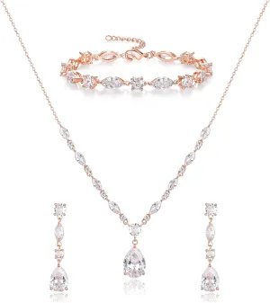 EVER FAITH Teardrop Cubic Zirconia Bridal Jewelry Sets for Bride, Sparkly CZ Elegant Pendant Necklace Dangle Earrings Bracelet Set for Women