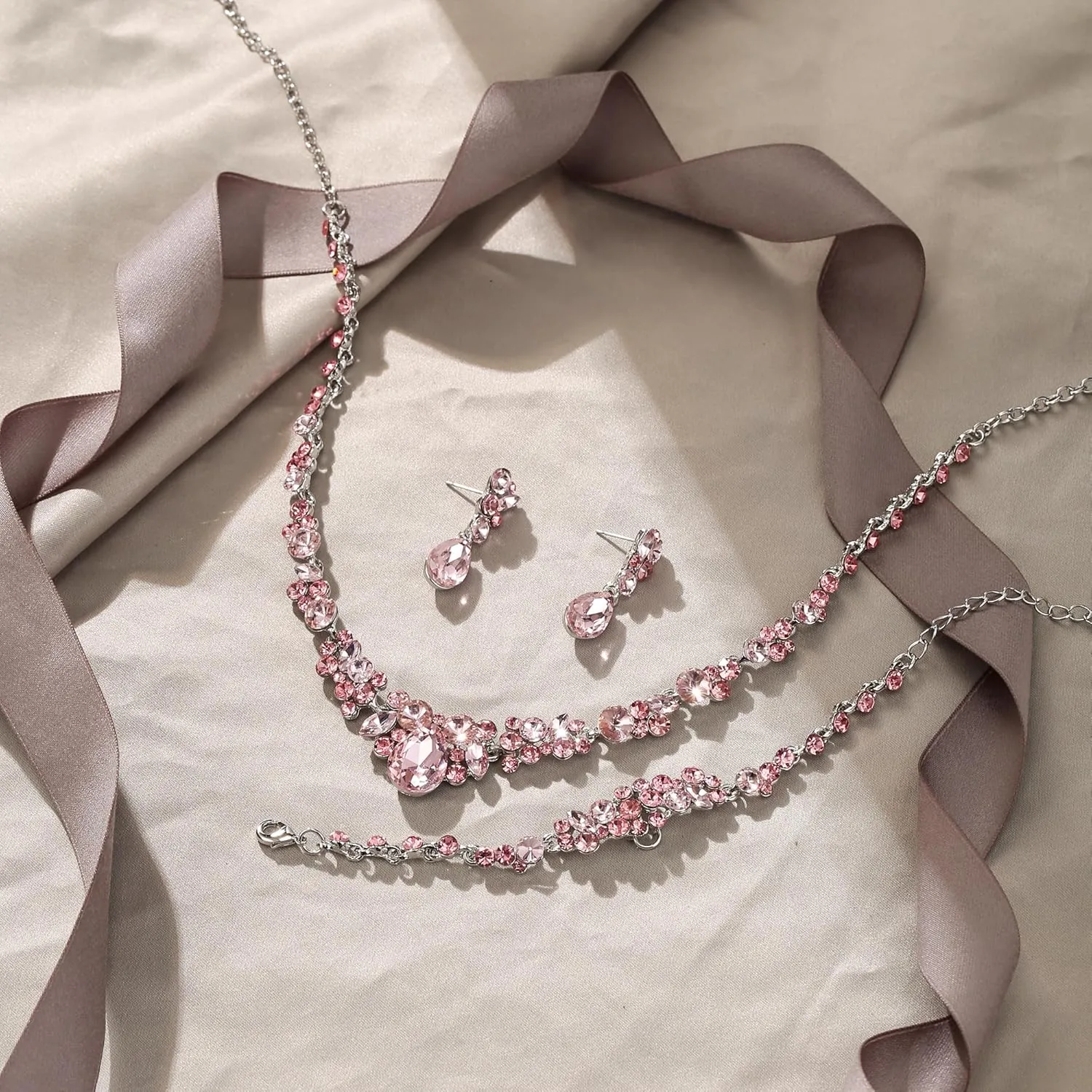 EVER FAITH Wedding Crystal Jewelry Sets for Bride Bridesmaid, Glamour Teardrop Rhinestone Bridal Prom Necklace Dangle Earrings Bracelet Set for Women