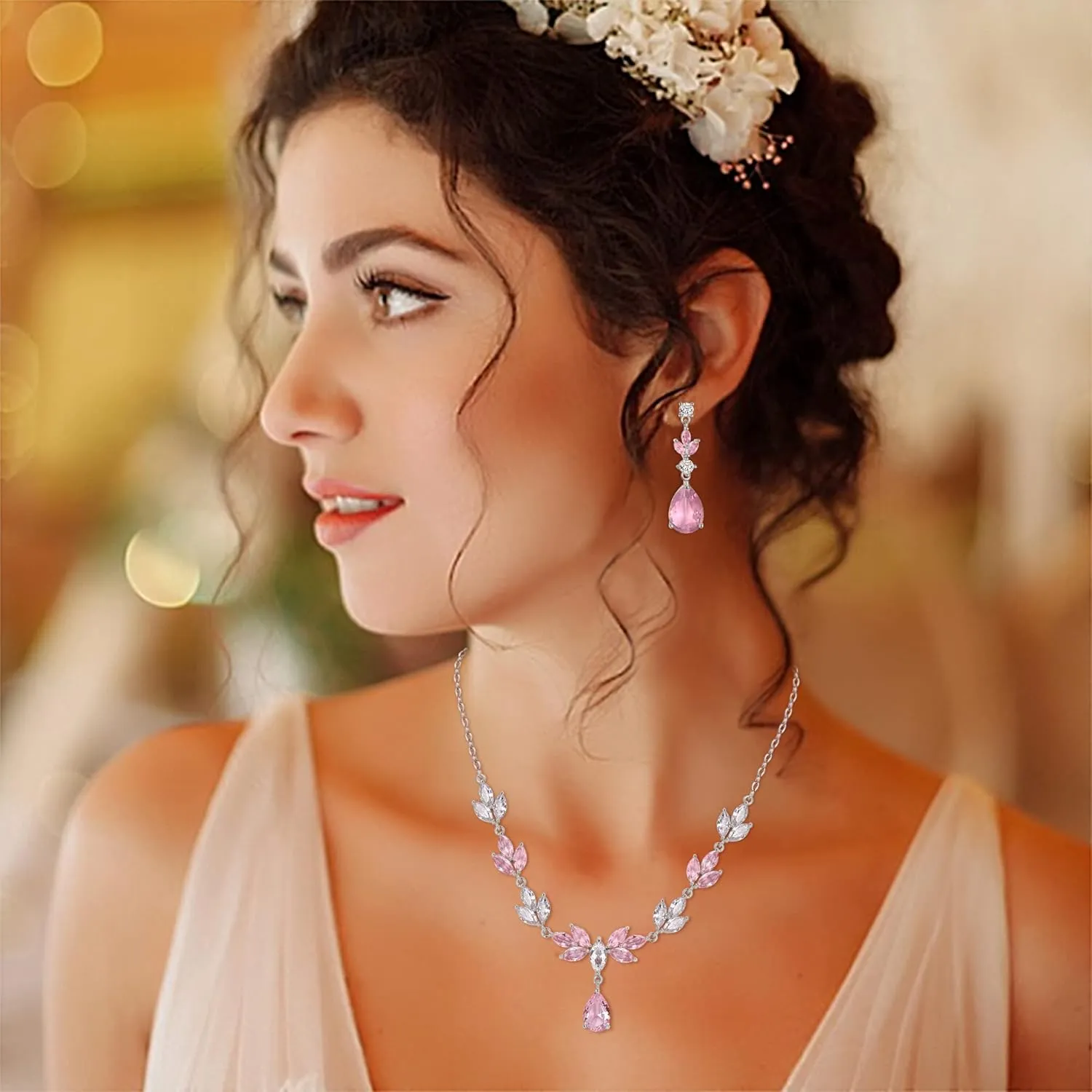 EVER FAITH Wedding Party Accessories for Women, Gorgeous Teardrop White Cubic Zirconia Necklace Earrings Set, Bridemaids Jewelry Set for Bridal