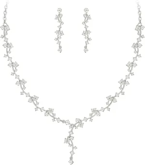 EVER FAITH Wedding Prom Flower Jewelry Set, Austrian Crystal Vine Filigree Y-Shaped Necklace Dangle Earrings Set for Women