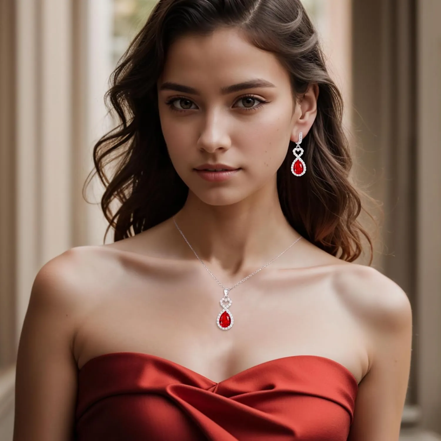 EVER FAITH Wedding Prom Four Clovers Jewelry Set for Women, Teardrop Cubic Zirconia Necklace Hoop Dangle Earrings Bracelet Open Ring Sets Anniversary Birthday Engagement Gift for Friend Lover Wife
